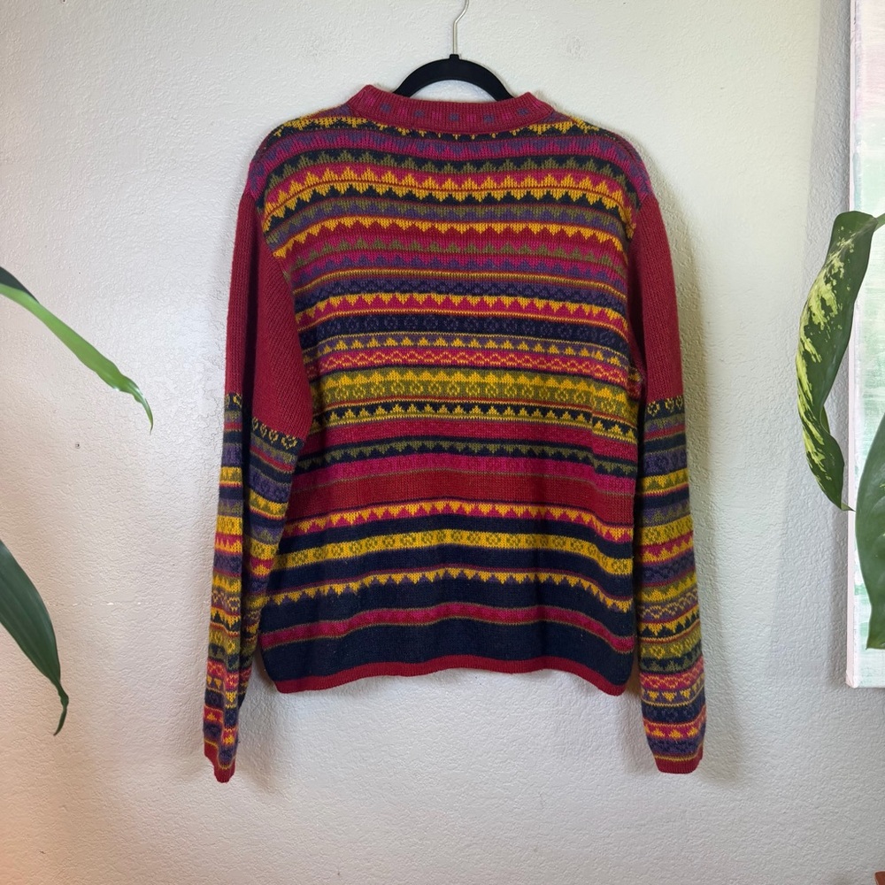 Vintage Wool Red Blue Yellow Fair Isle Classic Knit Crew Neck Sweater - Picture 2 of 6